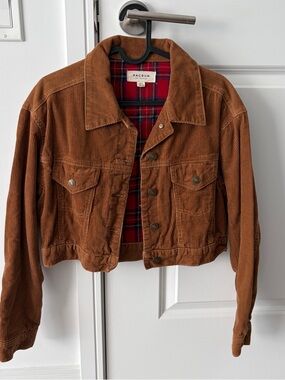 PacSun Corduroy Crop Jacket in Camel with Red Plaid Lining